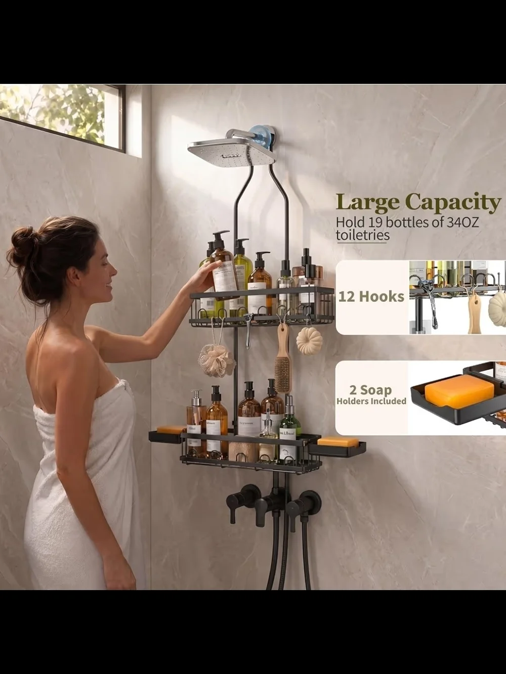 Adjustable Black Shower Caddy Organizer with Hooks and Shelves